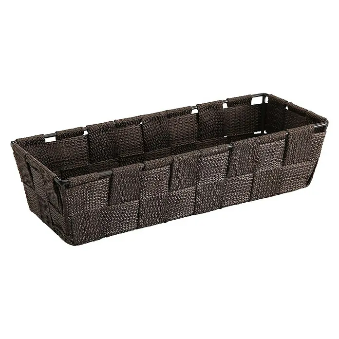 Versa Cesta para el baño alargada - L x An x Al: 25 x 10 x 6 cm, Tela, Marrón - Una cesta rectangular marrón con un diseño tejido, perfecta para almacenar varios artículos. Solución de almacenamiento decorativa y funcional.