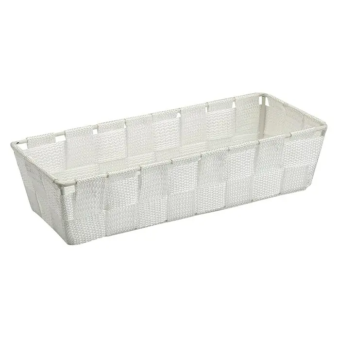 Versa Cesta para el baño alargada - L x An x Al: 25 x 10 x 6 cm, Tela, Blanco - Cesta rectangular blanca con textura entrelazada, ideal para almacenar y organizar diversos artículos.