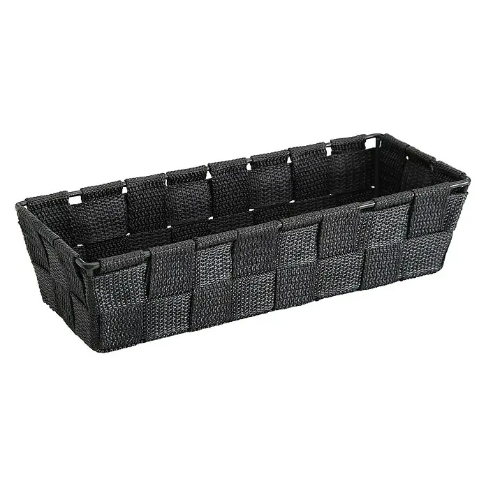 Versa Cesta para el baño alargada - L x An x Al: 25 x 10 x 6 cm, Tela, Gris oscuro - Cesta rectangular de almacenamiento de material tejido negro, ideal para la organización. Uso versátil.