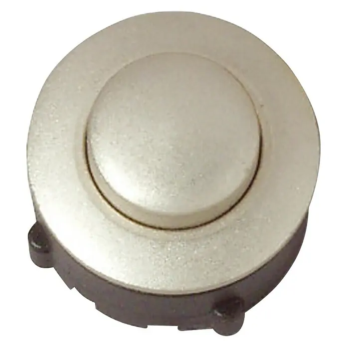 Heidemann Klingeltaster - Silber, Messing, Vernickelt, Durchmesser: 20 mm - Nahaufnahme eines runden, silberfarbenen Druckknopfes mit schwarzer Basis.