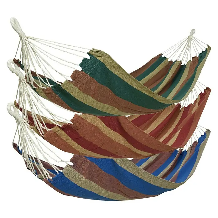 Hamaca individual Haití - L x An: 200 x 100 mm, Colores surtidos - Tres hamacas de rayas en verde, rojo y azul con cuerdas blancas, perfectas para relajarse al aire libre.