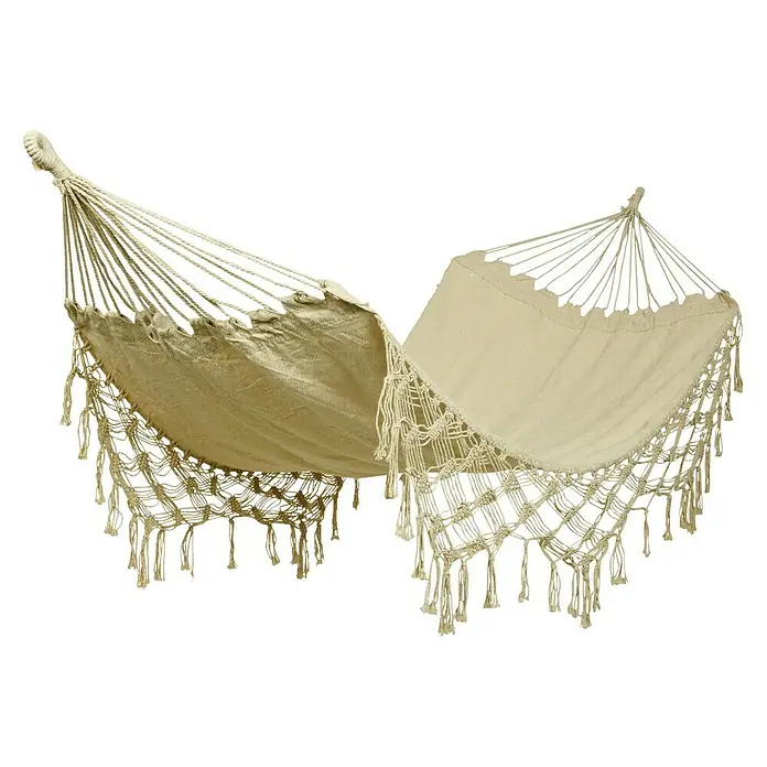 Hamaca individual Bali - L x An: 290 x 100 cm, Arena - Hamaca beige con detalles de flecos, ideal para relajarse en el jardín o en la terraza. Esta hamaca ofrece comodidad y diseño elegante.