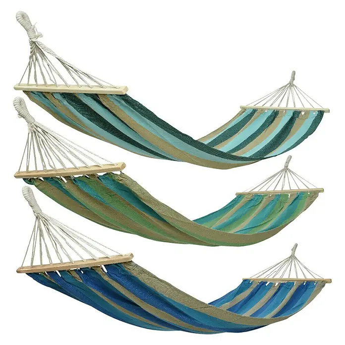 Hamaca individual Cancún - L x An: 200 x 80 cm, Colores surtidos - Tres hamacas de rayas en diferentes colores, ideales para relajarse en el jardín o en la terraza.