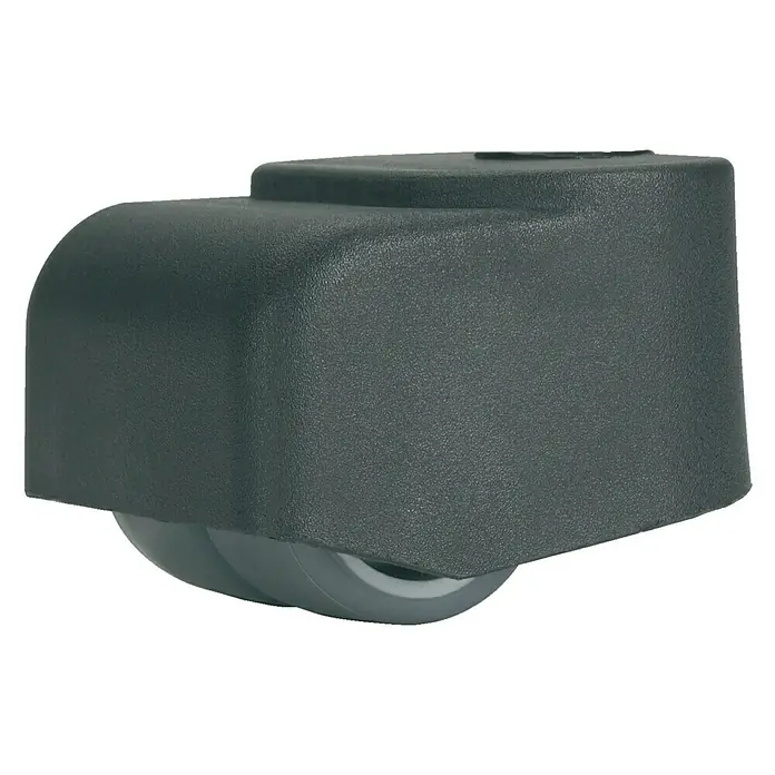 Stabilit Doppelrolle - Durchmesser Rollen: 25 mm, Traglast: 70 kg, Gleitlager, Mit Rückenloch, Durchmesser Rückenloch: 8 mm - Ein graues Möbelstück mit Rollen, das als Ersatzteil für Stühle oder andere bewegliche Möbel verwendet werden kann.