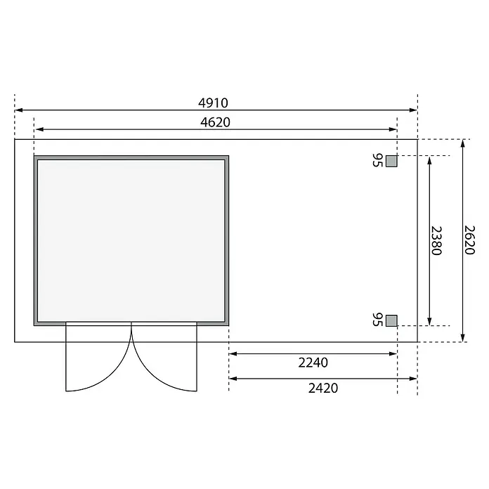 Karibu Gartenhaus Askola 3,5 - Außenmaß inkl. Dachüberstand (B x T): 491 x 262 cm, Holz, Natur, Mit Seitendach, Rück- und Seitenwand - Ein schematischer Grundriss zeigt Abmessungen von 4910 x 2620 mm, mit zusätzlichen Maßen und Details, die auf der Zeichnung angegeben sind.