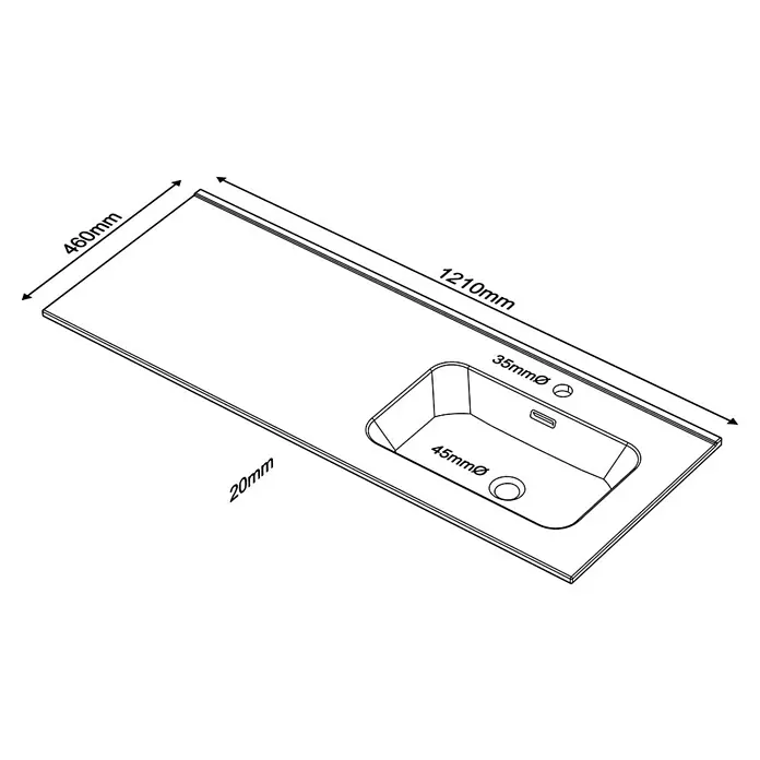Lavabo Spectra seno derecha - 46 x 121 cm, Orificios para grifo: Medio, Con desbordamiento, Blanco - Vista superior de un moderno tablero de tocador que mide 460mm x 1210mm. Dispone de un lavabo con orificios de desagüe de 35mm y 45mm de diámetro.