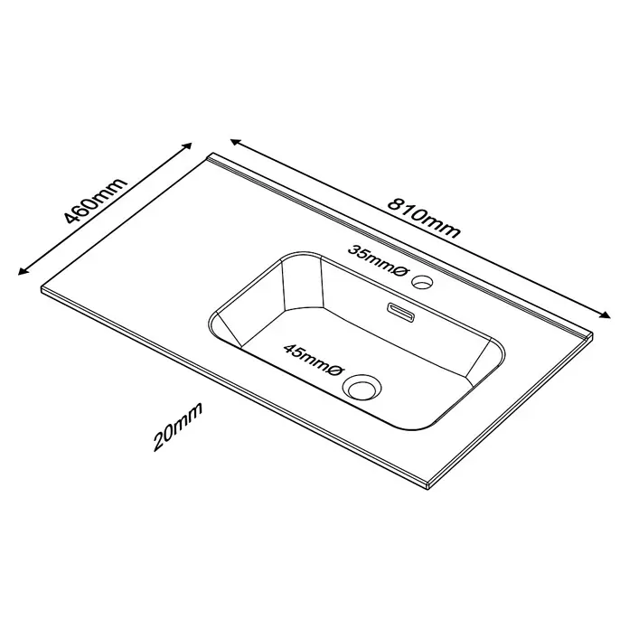 Lavabo Spectra seno derecha - 46 x 81 cm, Orificios para grifo: Medio, Con desbordamiento, Blanco - Ilustración de un lavabo con dimensiones de 460 mm de ancho, 810 mm de largo y un grosor de tablero de 20 mm.