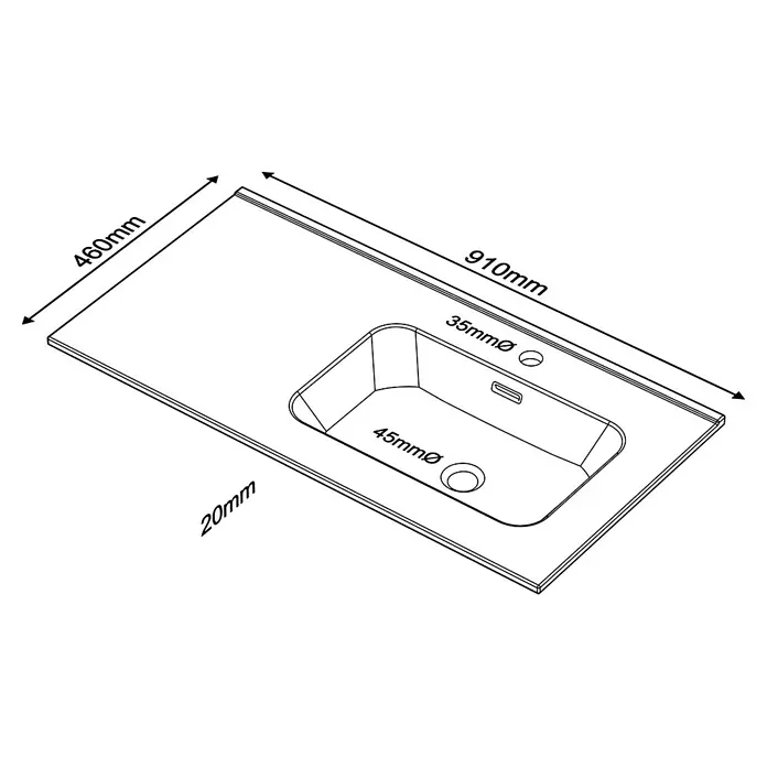 Lavabo Spectra seno derecha - 46 x 91 cm, Orificios para grifo: Medio, Con desbordamiento, Blanco - Imagen de un lavabo con dimensiones 460mm x 910mm, un fregadero y dos agujeros de 35mm y 45mm de diámetro. El grosor es de 20mm.