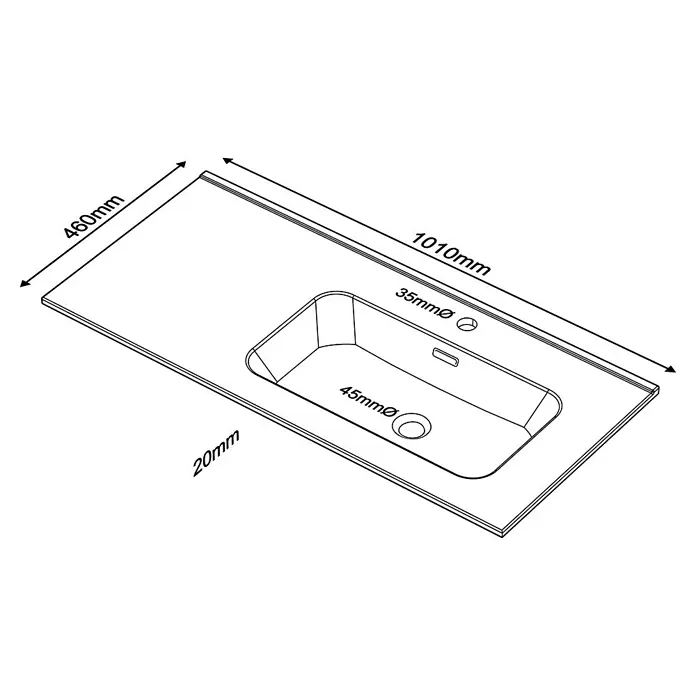 Lavabo Spectra seno derecha - 46 x 101 cm, Orificios para grifo: Medio, Con desbordamiento, Blanco - Ilustración de un mueble de lavabo con dimensiones de 1010 mm de largo, 460 mm de ancho, 20 mm de alto y un lavabo con agujeros de 35 y 45 mm de diámetro.