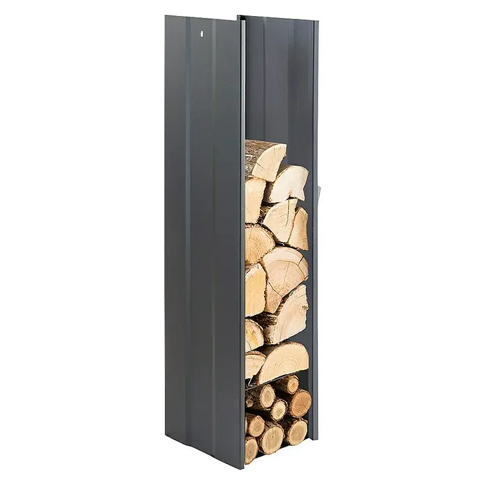 Holzkorb Fabrizio - 30 x 27 x 110 cm, Stahl, Schwarz - Graues Brennholzregal gefüllt mit Holzscheiten. Ideal für die Lagerung von Brennholz im Innen- und Außenbereich.