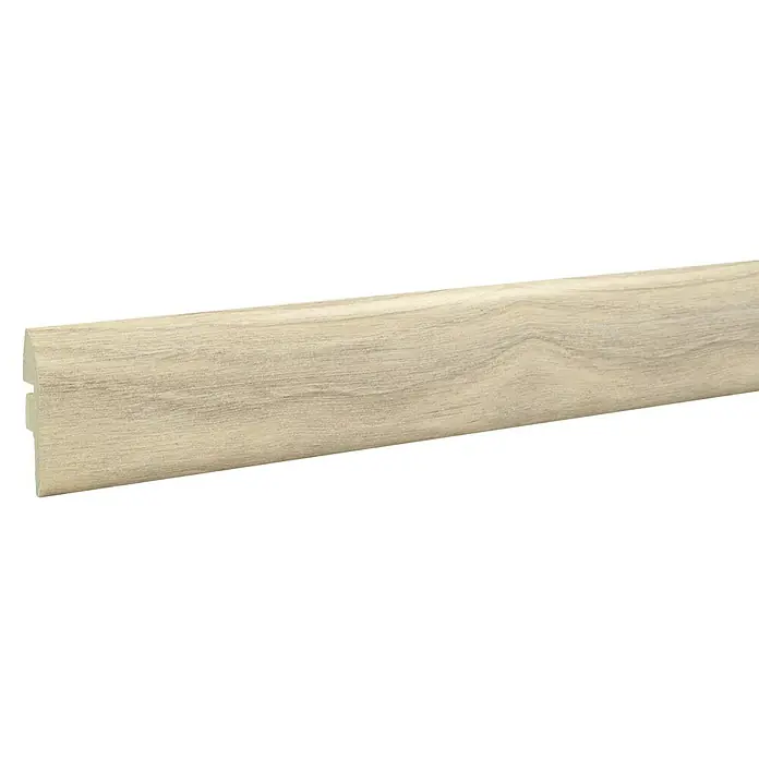 LOGOCLIC Junta de transición Massai - 2,44 m x 42 mm x 12 mm, Pegado - Una imagen detallada de un rodapié de color claro con un patrón de veta de madera, ideal para acabados de suelo elegantes y realzar la estética de la habitación.