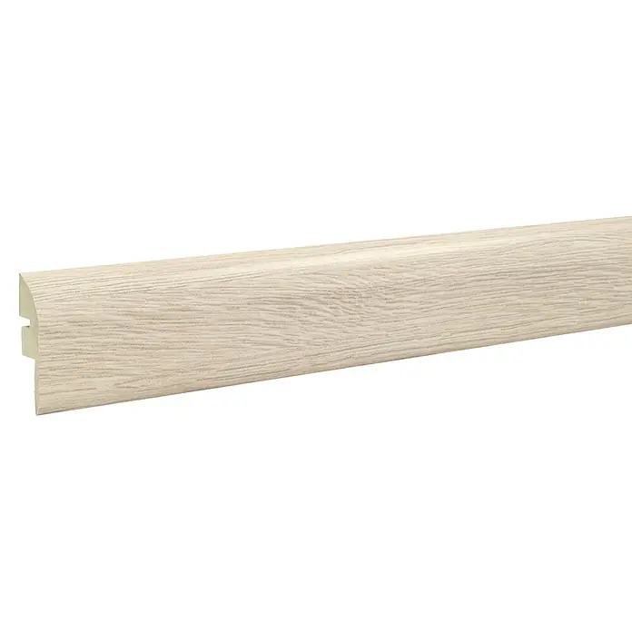 LOGOCLIC Perfil de transición Alcazar - 2,44 m x 42 mm x 16 mm, Pegado - Un zócalo de madera color crema con veta visible, ideal para la decoración de interiores.