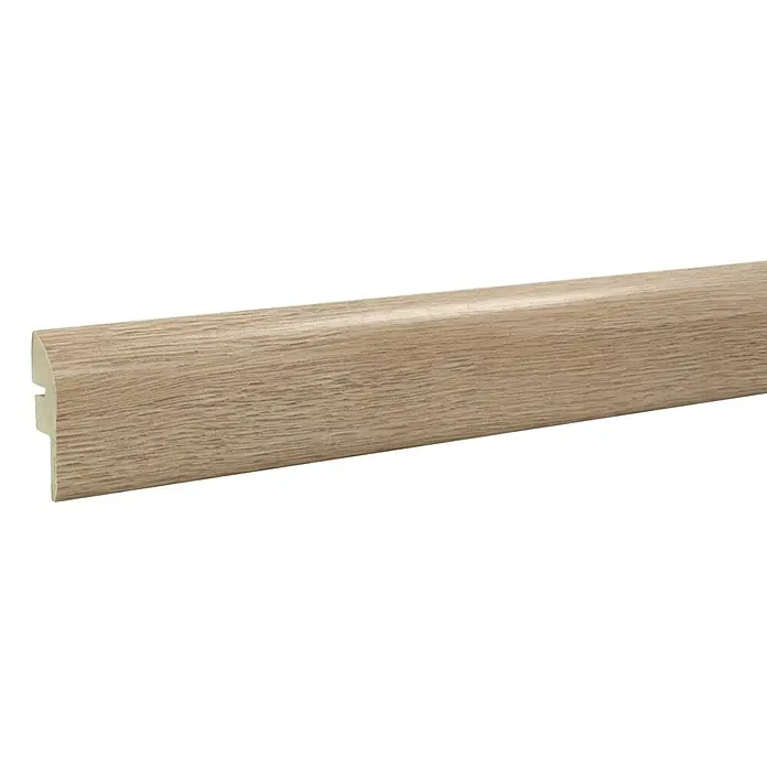 LOGOCLIC Junta de transición Murano - 2,44 m x 42 mm x 16 mm, Pegado - Una foto detallada de un zócalo de madera con una superficie de color natural y borde redondeado, ideal para acabados interiores y revestimientos de suelo.