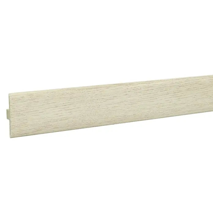 LOGOCLIC Perfil de juntas de dilatación Habana - 2,44 m x 42 mm x 10 mm, Pegado - Detalle de un perfil de transición de madera clara, ideal para instalaciones de suelos. La tira proporciona un acabado limpio y pulido.