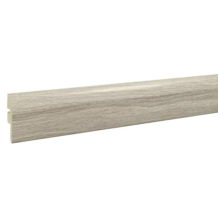 LOGOCLIC Junta de transición Ferik - 2,44 m x 42 mm x 16 mm, Pegado - Foto de un zócalo con aspecto de madera. El diseño moderno del zócalo complementa con estilo cualquier habitación.