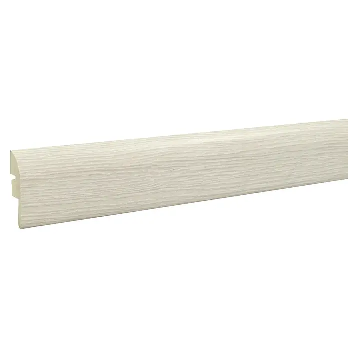 LOGOCLIC Junta de transición Acapulco/Baltimore/Alen - 2,44 m x 42 mm x 16 mm, Pegado - Una toma detallada de un rodapié blanco con textura de madera, perfecto para acabados de piso elegantes y diseño interior.