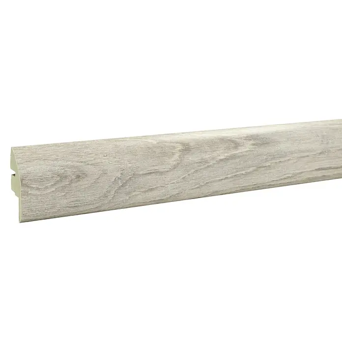 LOGOCLIC Junta de transición Thermes - 2,44 m x 42 mm x 18 mm, Pegado - Primer plano de un zócalo con aspecto de madera gris claro y diseño moderno, ideal para acabados de suelo elegantes.