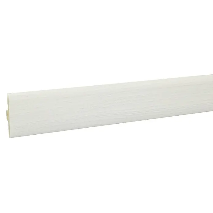 LOGOCLIC Perfil de juntas de dilatación Bruma - 2,44 m x 42 mm x 10 mm, Pegado - Un rodapié de madera blanco, ideal para el acabado de interiores, ofreciendo un aspecto moderno y limpio.