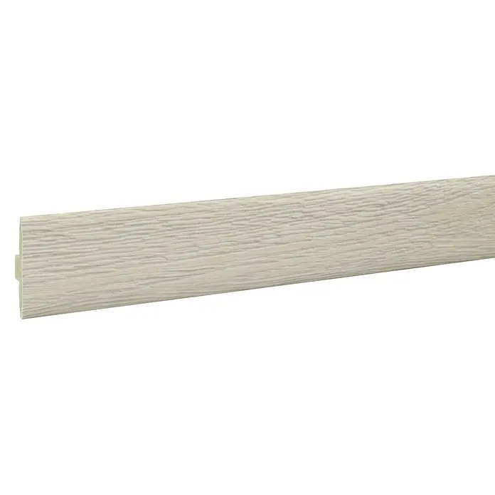 LOGOCLIC Perfil de juntas de dilatación Kiev/Ferrara - 2,44 m x 42 mm x 10 mm, Pegado - Rodapié beige claro con vetas de madera para una transición elegante entre pared y suelo. El tablero es fácil de instalar.