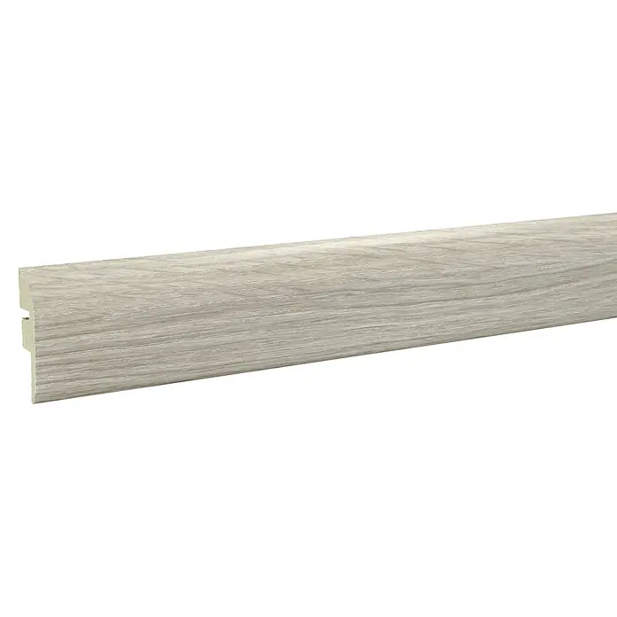 LOGOCLIC Junta de transición Aral - 2,44 m x 42 mm x 12 mm, Pegado - Una imagen detallada de un zócalo gris de madera, ideal para acabados de suelo elegantes y decoración.