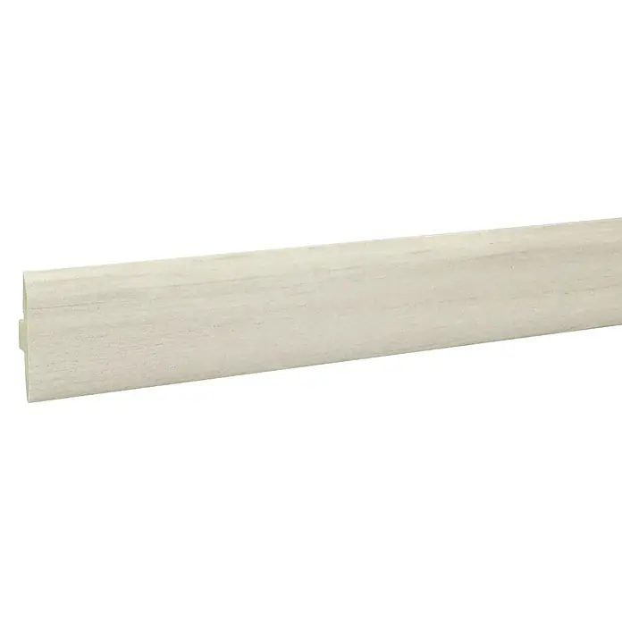 LOGOCLIC Perfil de juntas de dilatación Monik - 2,44 m x 42 mm x 10 mm, Pegado - Primer plano de un rodapié blanco, ideal para un diseño de habitación elegante. Perfecto para dar un acabado limpio y elegante a cualquier espacio.