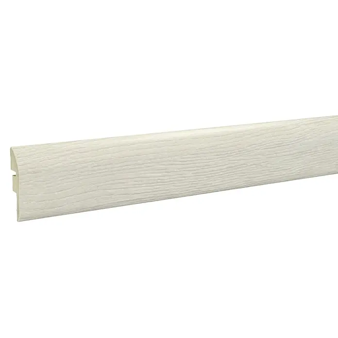 LOGOCLIC Junta de transición Palermo/Baltimore/Winter/Sintra - 2,44 m x 42 mm x 12 mm, Pegado - Una sola pieza de rodapié blanco con una ligera veta de madera, ideal para diseños interiores elegantes.