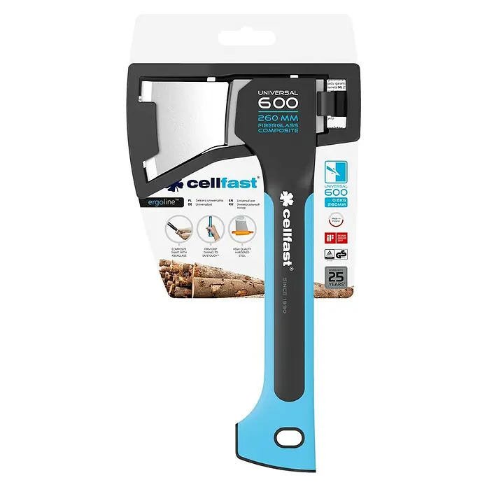 Cellfast Universalaxt U600 Ergo - Länge: 26 cm - Abbildung einer Cellfast Universal 600 Axt mit Fiberglas-Verbundschaft, ideal für vielseitige Schneidearbeiten.