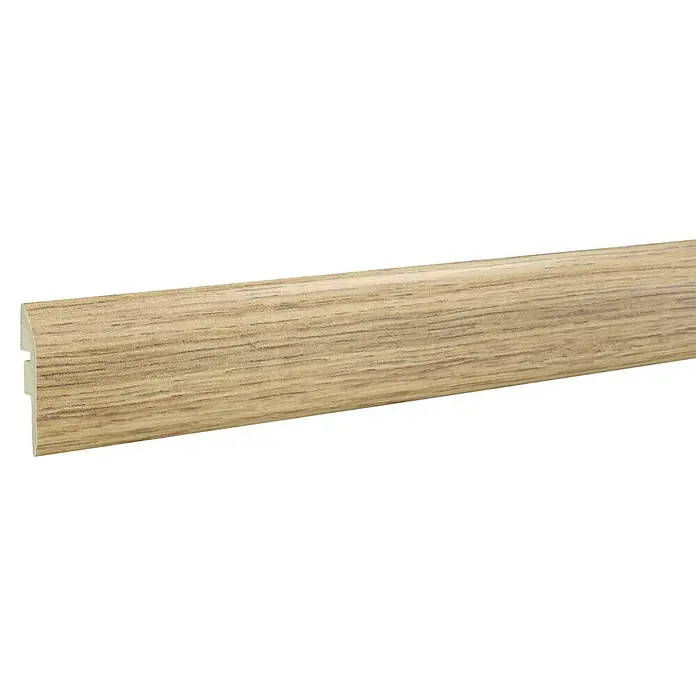 LOGOCLIC Junta de transición Apuan/Cascais/Kobe - 2,44 m x 42 mm x 12 mm, Pegado - Vista detallada de un rodapié de madera, que muestra su grano fino y su color natural, ideal para acabados interiores.