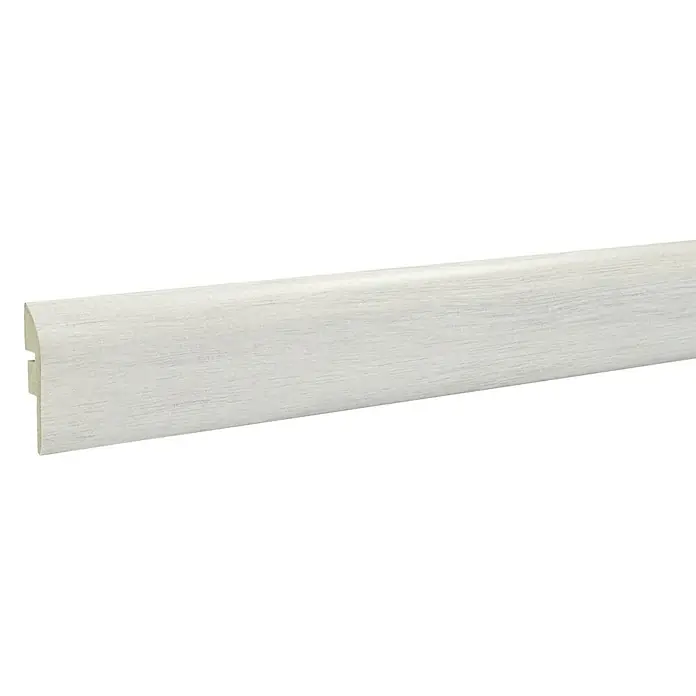 LOGOCLIC Junta de transición Orsa - 2,44 m x 42 mm x 12 mm, Pegado - Primer plano de un rodapié blanco con textura de veta de madera, ideal para un diseño interior elegante.