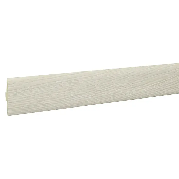 LOGOCLIC Perfil de juntas de dilatación Palatina/Baltimore/Winter/Sintra/Acapulco/Alen - 2,44 m x 42 mm x 10 mm, Pegado - Primer plano de un zócalo blanco con veta de madera, que ofrece una estética elegante y limpia para cualquier habitación. Es moderno y funcional.