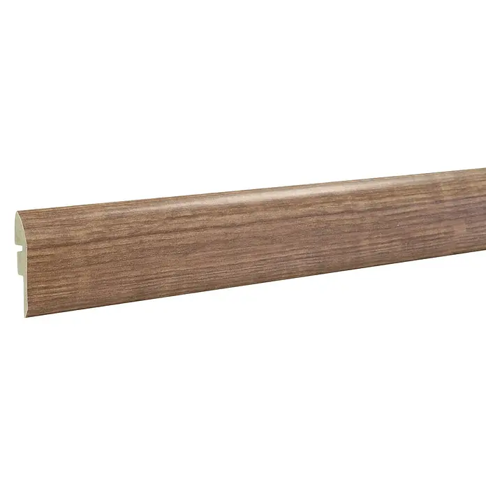 LOGOCLIC Junta de transición Arábica - 2,44 m x 42 mm x 12 mm, Pegado - Un zócalo marrón con una superficie que simula madera, ideal para acabados de suelo.