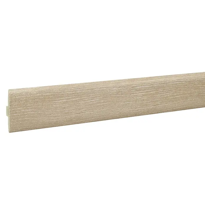 LOGOCLIC Perfil de juntas de dilatación Di Trevi/Tempo - 2,44 m x 42 mm x 10 mm, Pegado - Primer plano de un zócalo de aspecto de madera con una veta fina, ideal para acabados de suelo elegantes.