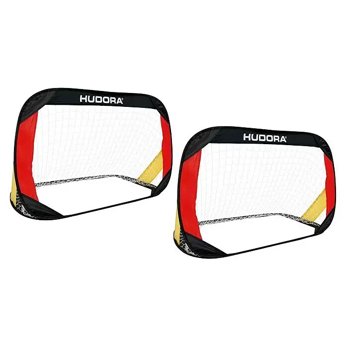 Hudora Fußballtor Pop Up - 41 x 41 x 5,5 cm, Schwarz/Rot/Gelb - Zwei tragbare Pop-up-Fußballtore mit schwarzem Rahmen, roten und gelben Stoffdetails und weißen Netzen. Marke "HUDORA".