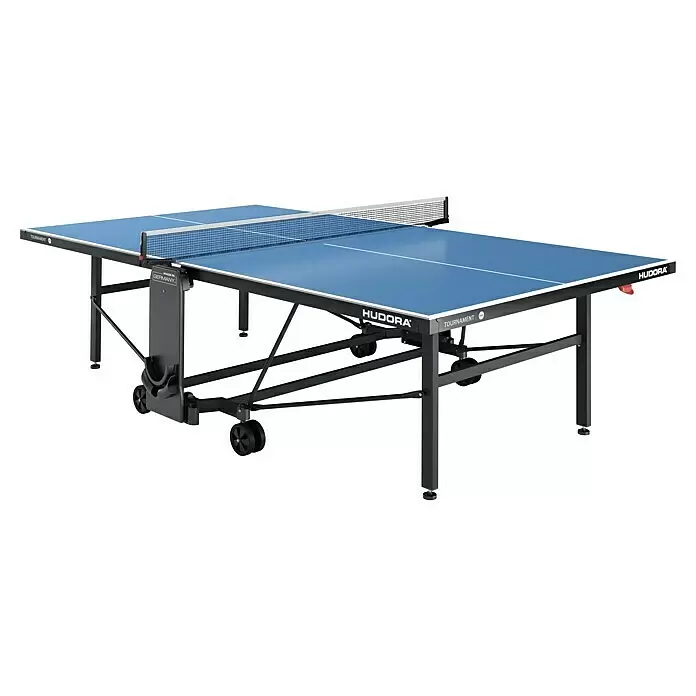 Hudora Tischtennisplatte Tournament - Blau - Blauer klappbarer Tischtennistisch mit schwarzem Rahmen, Netz und Rollen, geeignet für drinnen und draußen.