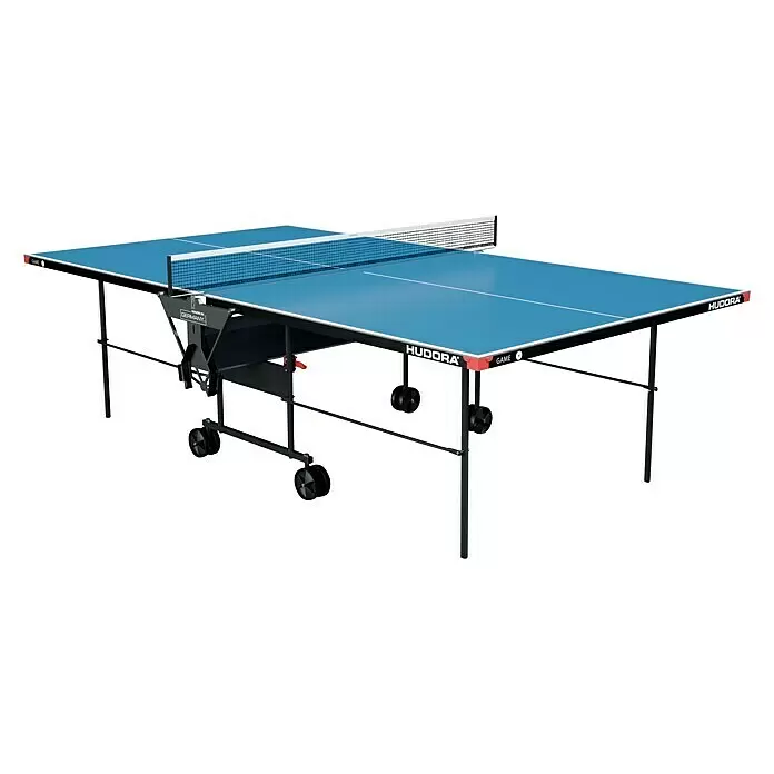 Hudora Tischtennisplatte Game - Blau - Blauer Hudora Game Tischtennistisch mit schwarzem Gestell, Rollen und weißem Netz.