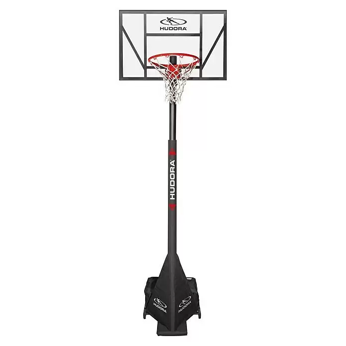 Hudora Basketballkorb Competition Pro - 110 x 110 x 305 cm, Schwarz/Weiß - Schwarzer mobiler Basketballkorb mit weißem Backboard, rotem Ring und Markenlogos.