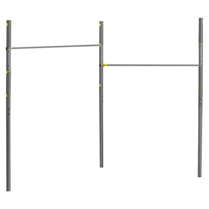 Hudora Turnstange Fabian Pro - B x H: 335 x 1.200 cm, Edelstahl, Grau - Verstellbares graues und silbernes Klimmzug- und Parallelbarrensystem mit gelben Akzenten für Outdoor-Fitness.