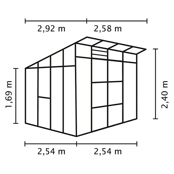 Vitavia Gewächshaus Freya 7600 Plus - Außenmaß inkl. Dachüberstand (B x T): 292 x 258 cm, Material Seitenwand: Kunststoff, Wandstärke: 6 mm, Aluminium - Schematische Darstellung eines Gewächshauses mit Maßangaben zu Höhe und Breite der einzelnen Seiten.