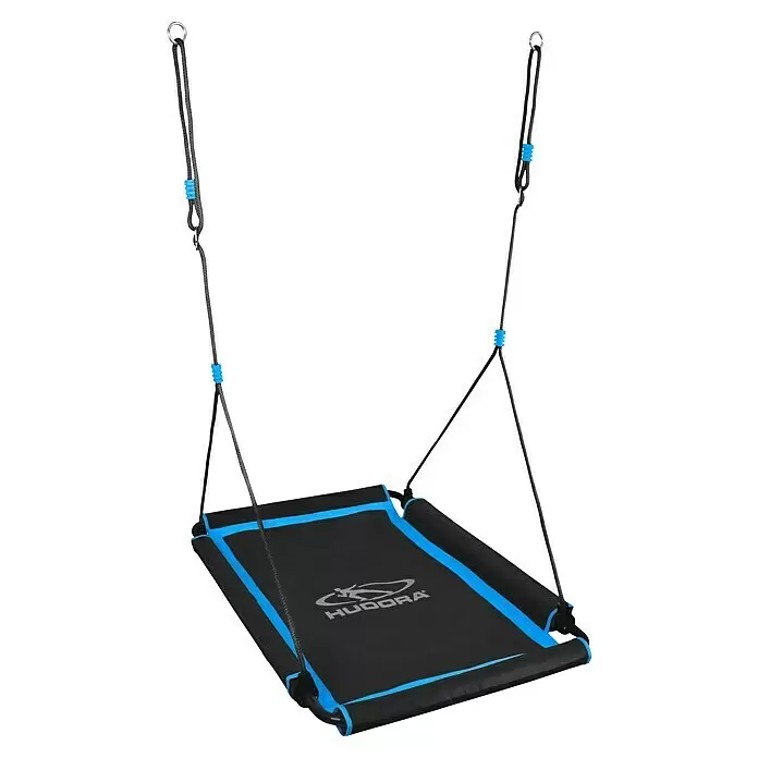 Hudora Nestschaukel Square 110 - Kunststoff, Blau/Schwarz - Schwarze Plattformschaukel mit blauer Umrandung, an schwarzen Seilen mit blauen Verstellern aufgehängt.