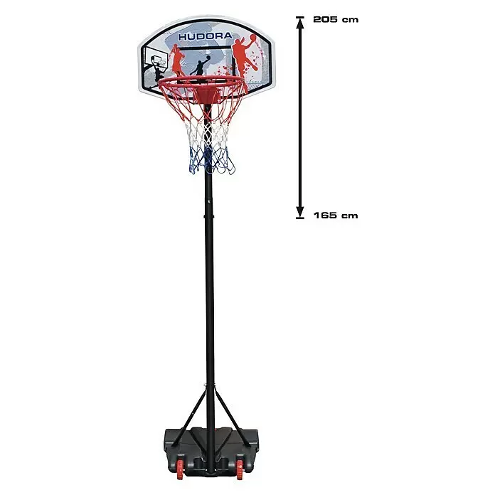 Hudora Basketballkorb All Stars 205 - Höhe: 205 cm - Tragbarer Basketballkorb mit schwarzem, verstellbarem Pfosten, weißem Backboard, rot/weiß/blauem Netz, schwarzem Standfuß mit roten Rädern, auf 165 cm Korbhöhe gezeigt.