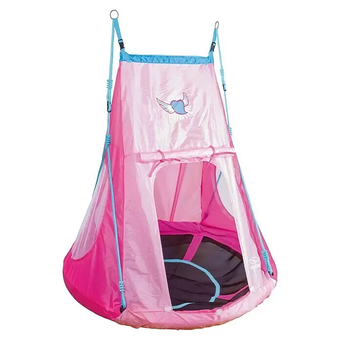 Hudora Nestschaukel Heart 110 - Durchmesser: 110 cm, Pink/Rosa - Rosa Hängeschaukelzelt mit blauen Akzenten und Herz-Flügel-Motiv.