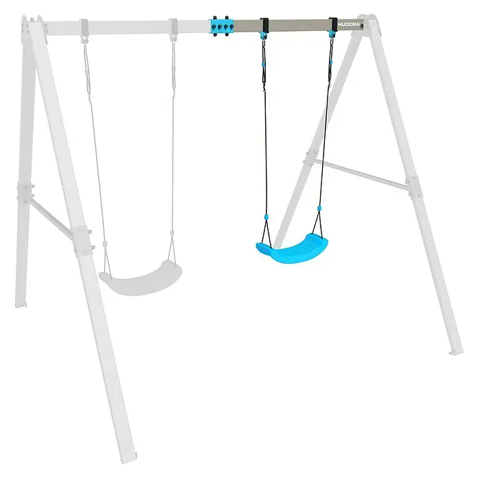 Hudora Schaukel Vario Ergänzungsmodul - B x L: 120 x 23 cm - Diese Abbildung zeigt eine Schaukel mit zwei Sitzen, von denen einer blau und der andere weiß ist, vor einem schwarzen Hintergrund.