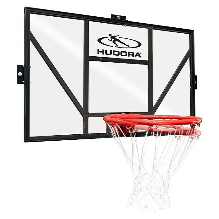Hudora Basketballkorb Competition Pro - 720 x 145 x 1.120 cm - Basketballkorb-Brett mit transparenter Platte, schwarzem Rahmen, rotem Ring und weißem Netz.