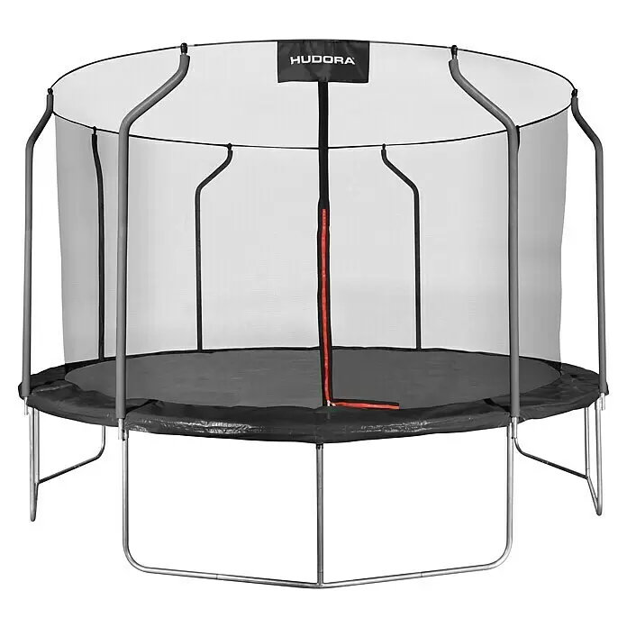 Hudora Trampolin First 400 V - Durchmesser: 400 cm, Schwarz/Rot - Rundes Trampolin mit Sicherheitsnetz, grauem Metallrahmen, schwarzer Sprungmatte und weißem Sicherheitsnetz mit rotem Reißverschluss.