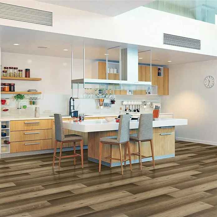 Vinylbodenmuster Sly XL Buckingham Oak - 280 x 160 x 7,5 mm, Landhausdiele - Moderne Küche mit hellen Holztönen und einem markanten Vinylboden in Holzoptik, der dem Raum Wärme verleiht.