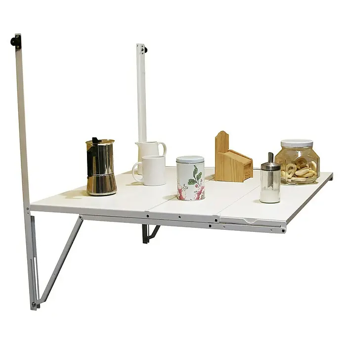 Simonrack Simonflex Estantería metálica - Al x An x Pr: 112,5 x 80 x 40 cm, Blanco - Una mesa plegable con una selección de artículos de cocina, incluyendo una cafetera, tazas y un frasco de almacenamiento.