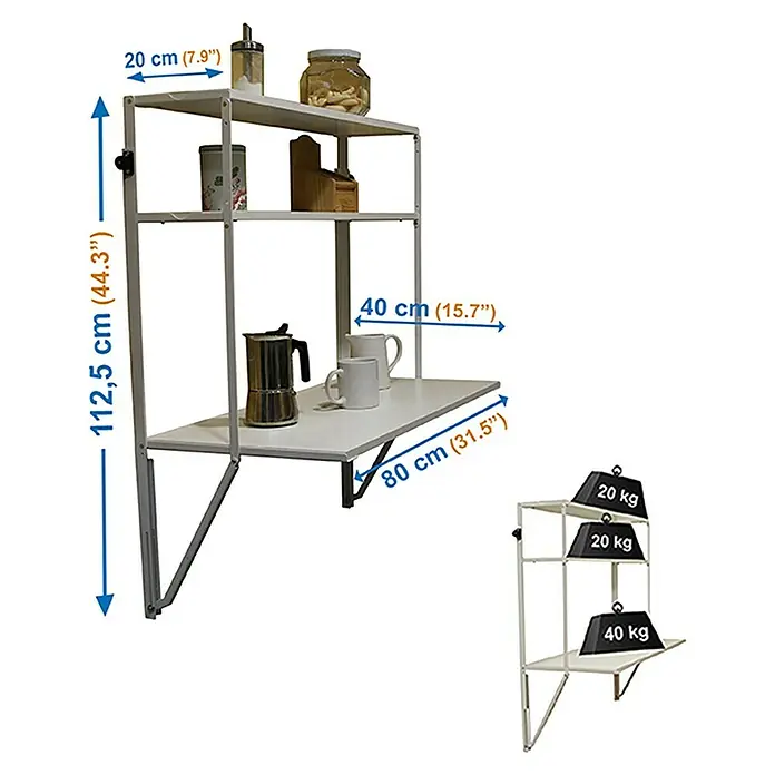 Simonrack Simonflex Estantería metálica - Al x An x Pr: 112,5 x 80 x 40 cm, Blanco - Imagen de una mesa de pared blanca con tres estantes y sus dimensiones. La capacidad de carga de la mesa se demuestra con pesos.