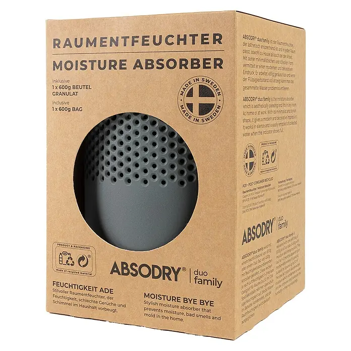 Absodry Duo Family Luftentfeuchter Series 6 - Grau, Ø x H: 14,5 x 21 cm - Feuchtigkeitsabsorber "Absodry Duo Family" in Kartonverpackung. Reduziert Feuchtigkeit, schlechte Gerüche und beugt Schimmel vor.