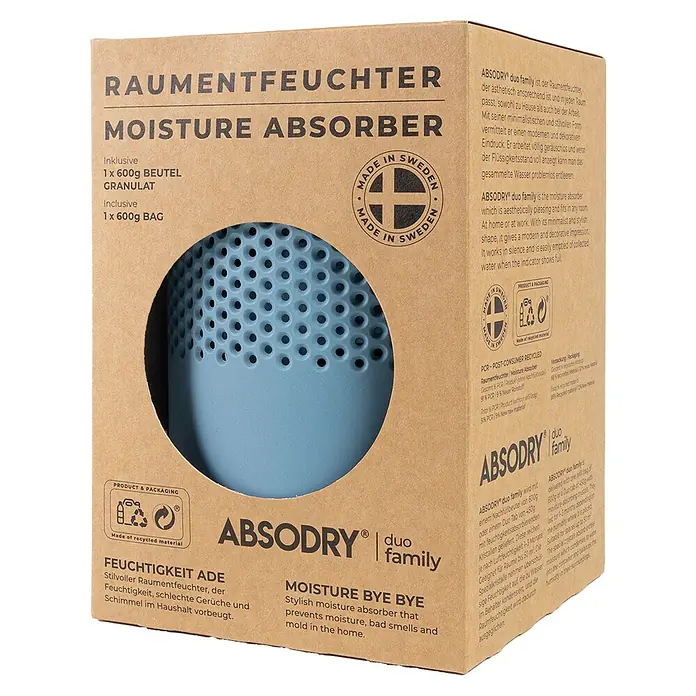 Absodry Duo Family Luftentfeuchter Series 6 - Blau, Ø x H: 14,5 x 21 cm - Verpackung des Luftentfeuchters ABSODRY Duo Family. Reduziert Feuchtigkeit, Gerüche und Schimmel im Haus.