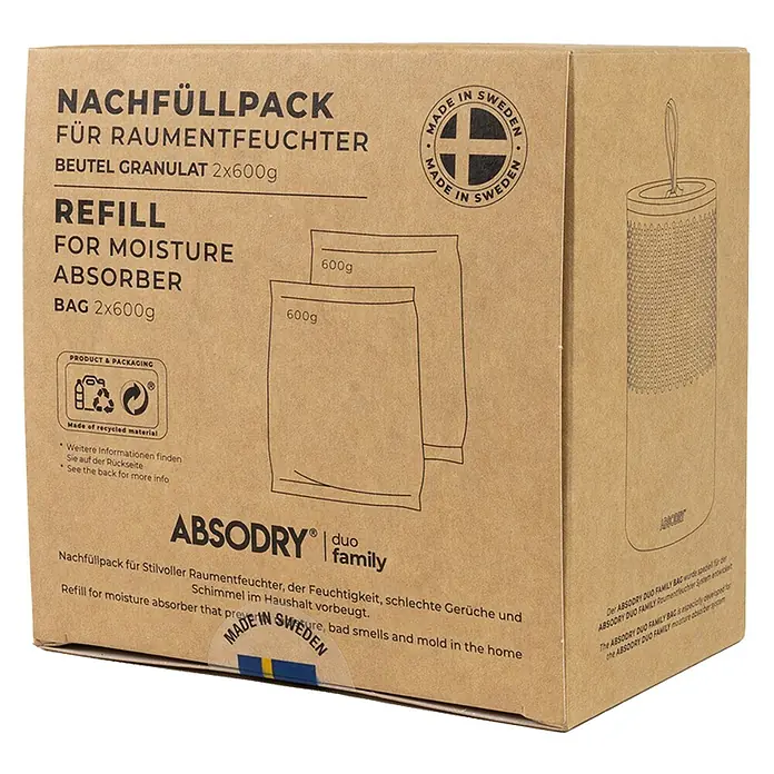 Absodry Duo Family Luftentfeuchter-Nachfüllpack - 2 Stk., Masse Einzelkomponente: 600 g - Die Nachfüllpackung für Raumentfeuchter von ABSODRY® duo family mit Granulatbeuteln, die gegen Feuchtigkeit, Gerüche und Schimmelbildung helfen.